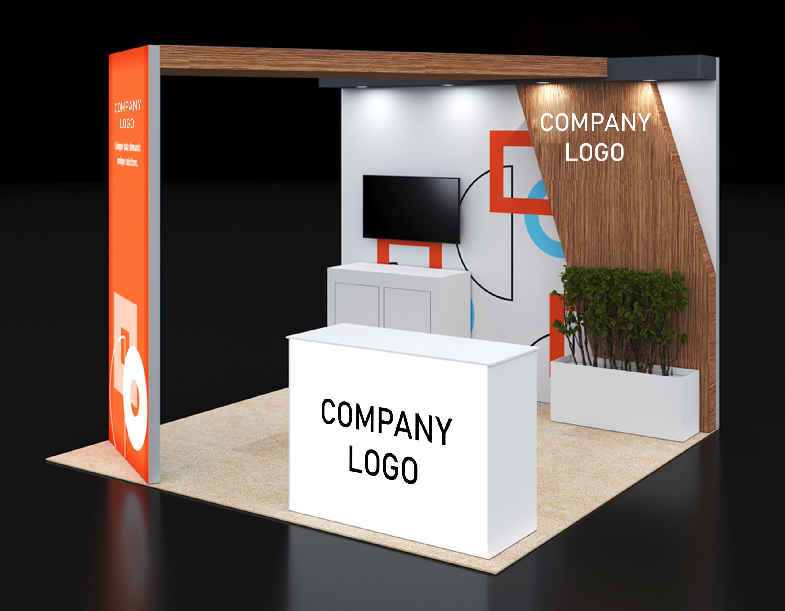 Curved 10x10 Booth with AV Monitor, Storage, and Seating