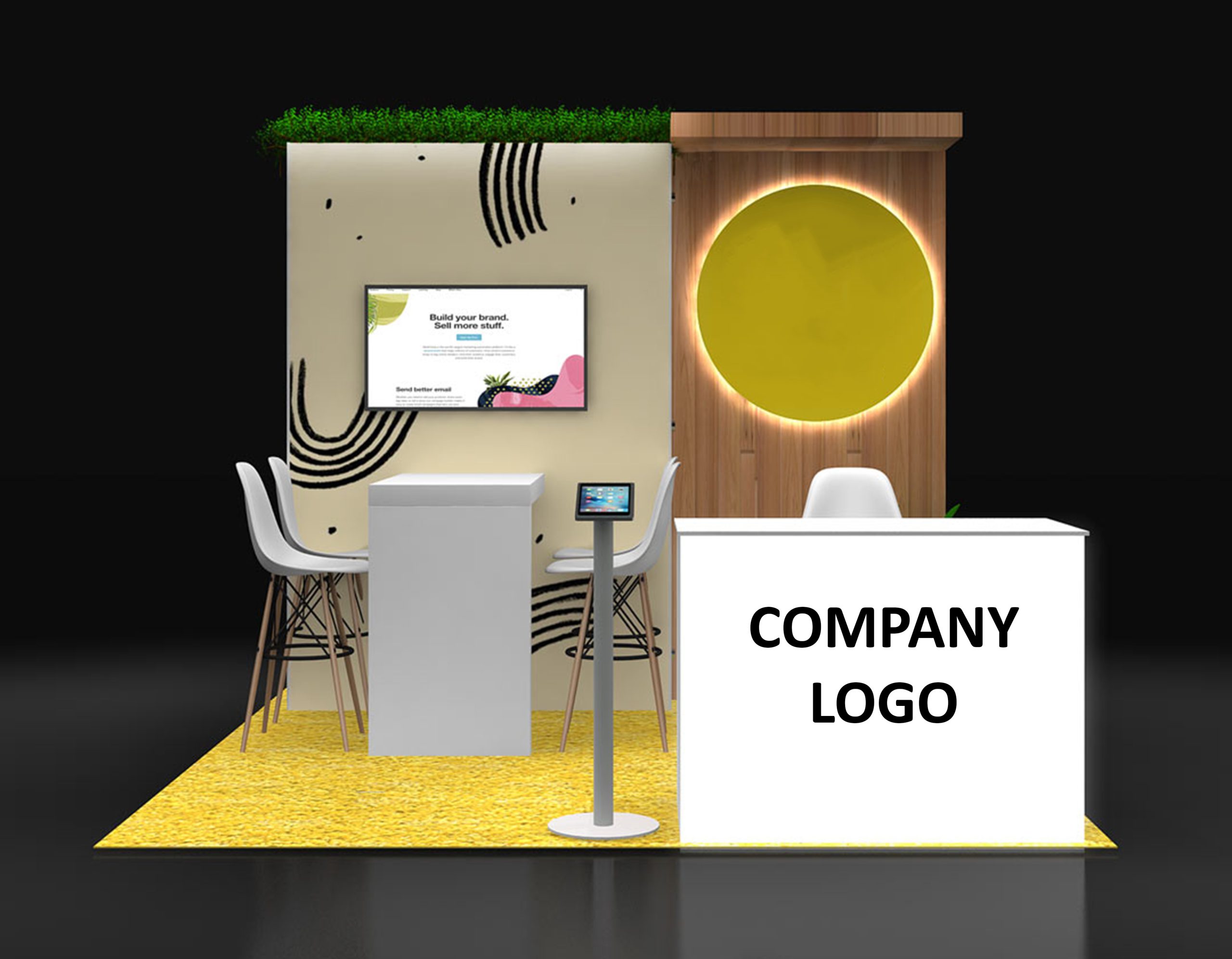 Curved 10x10 Booth with AV Monitor, Storage, and Seating