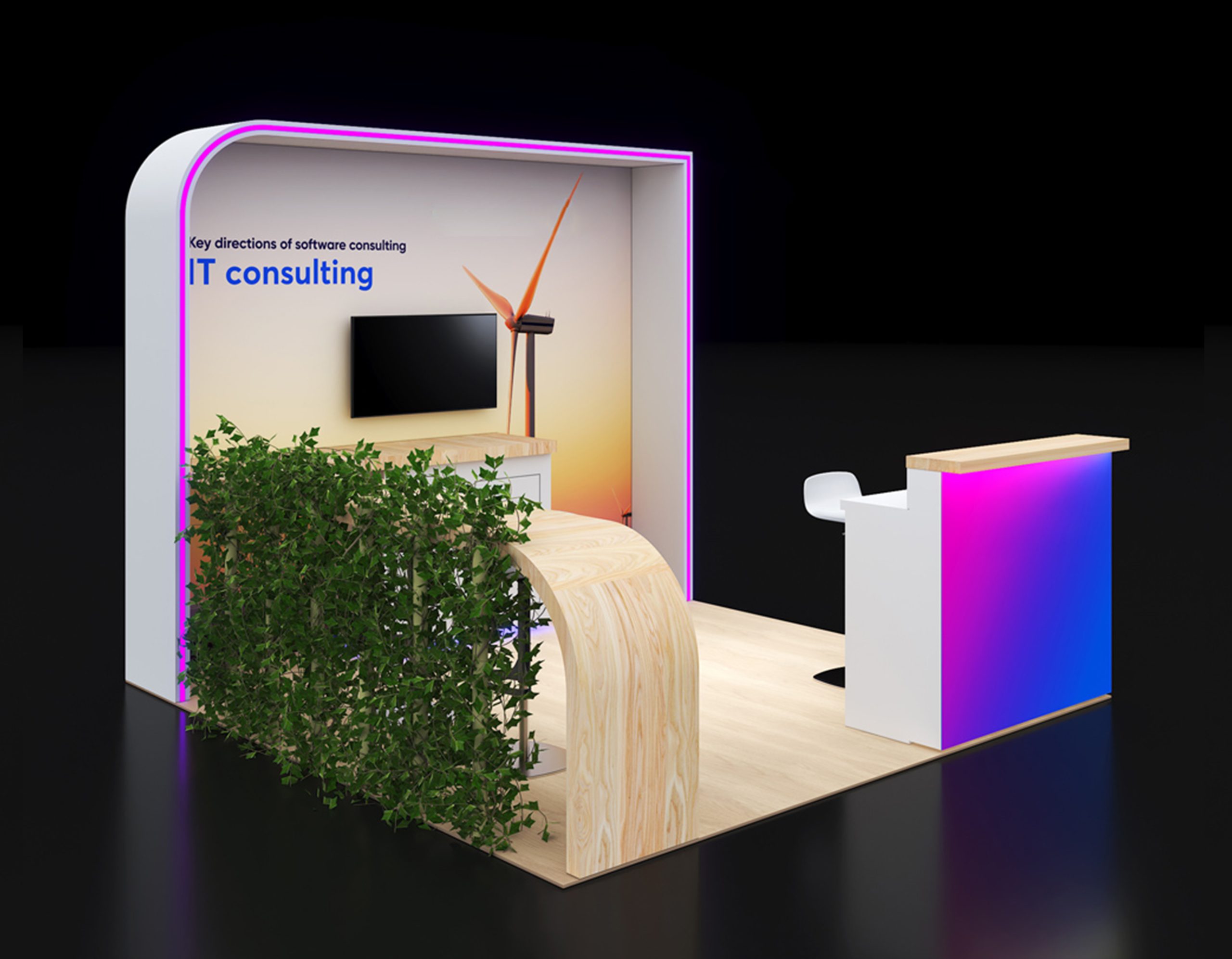 10x10 Exhibit with Bar Height Counter Seating and Lockers
