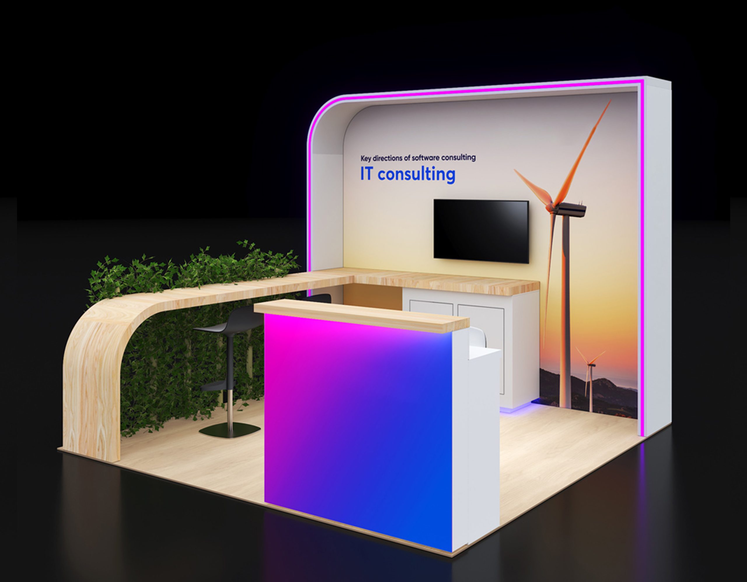 10x10 Exhibit with Bar Height Counter Seating and Lockers