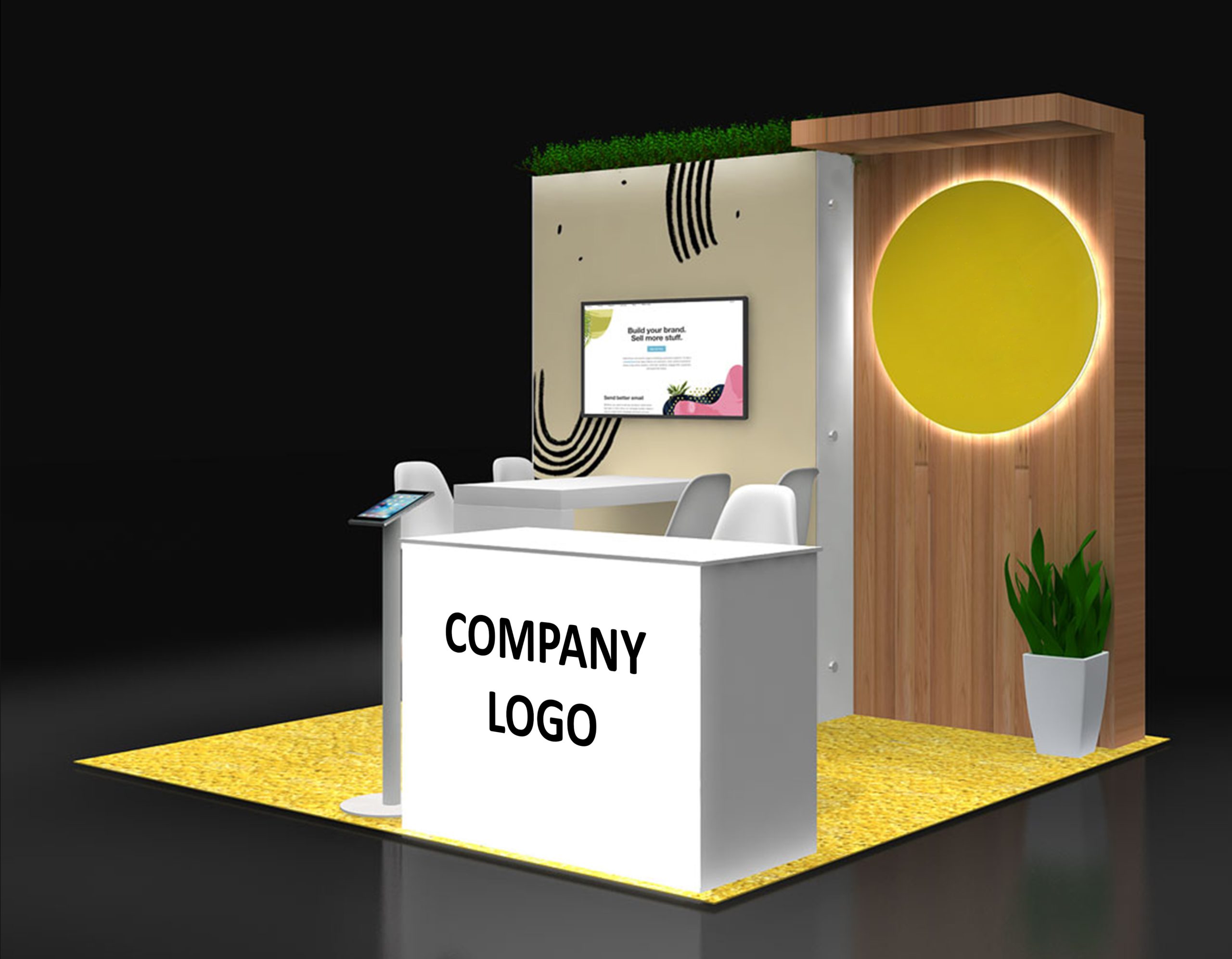 Curved 10x10 Booth with AV Monitor, Storage, and Seating